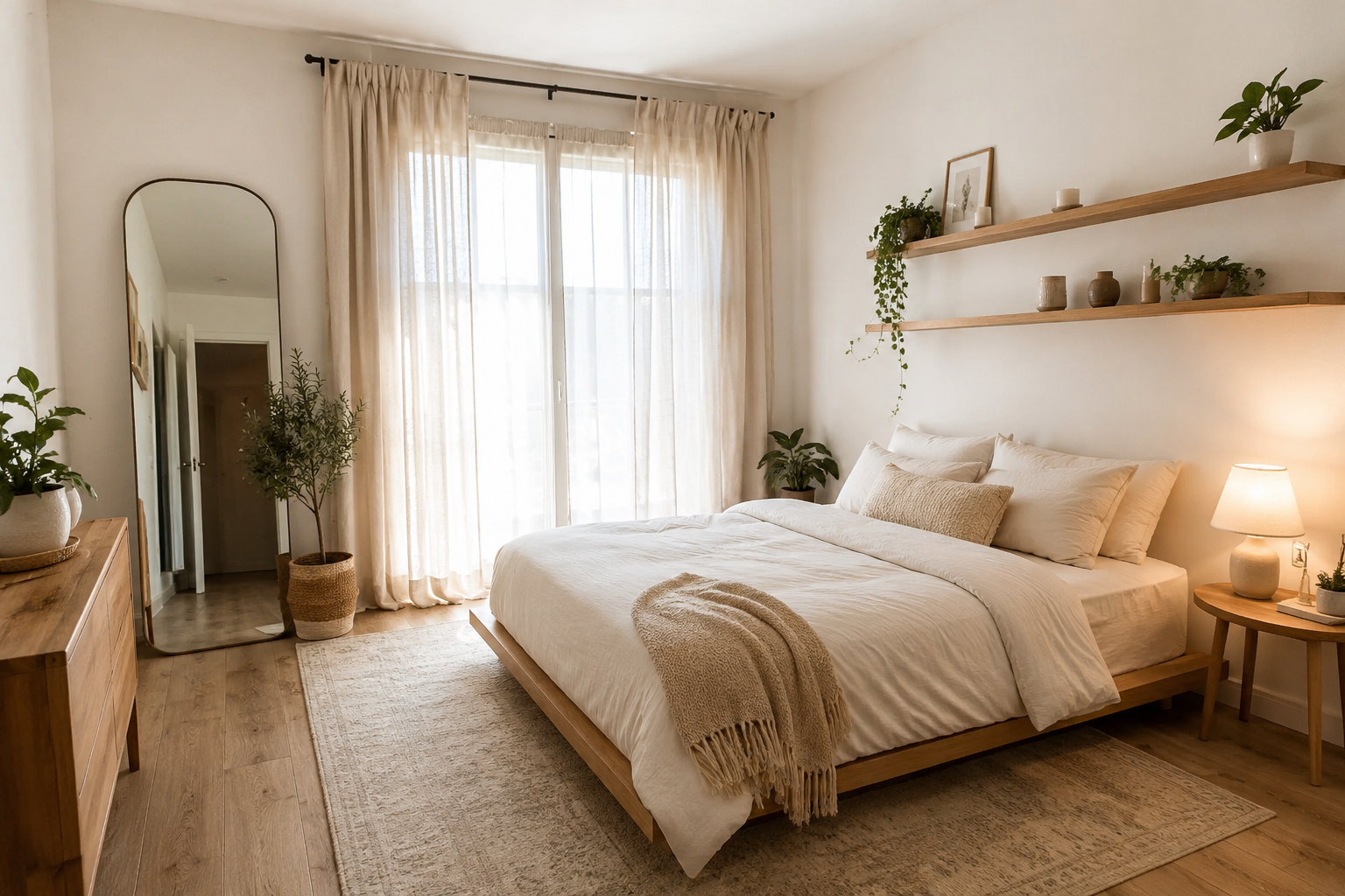 Small bedroom ideas that make any room look bigger with mirror, curtains, floating shelves and neutral decor