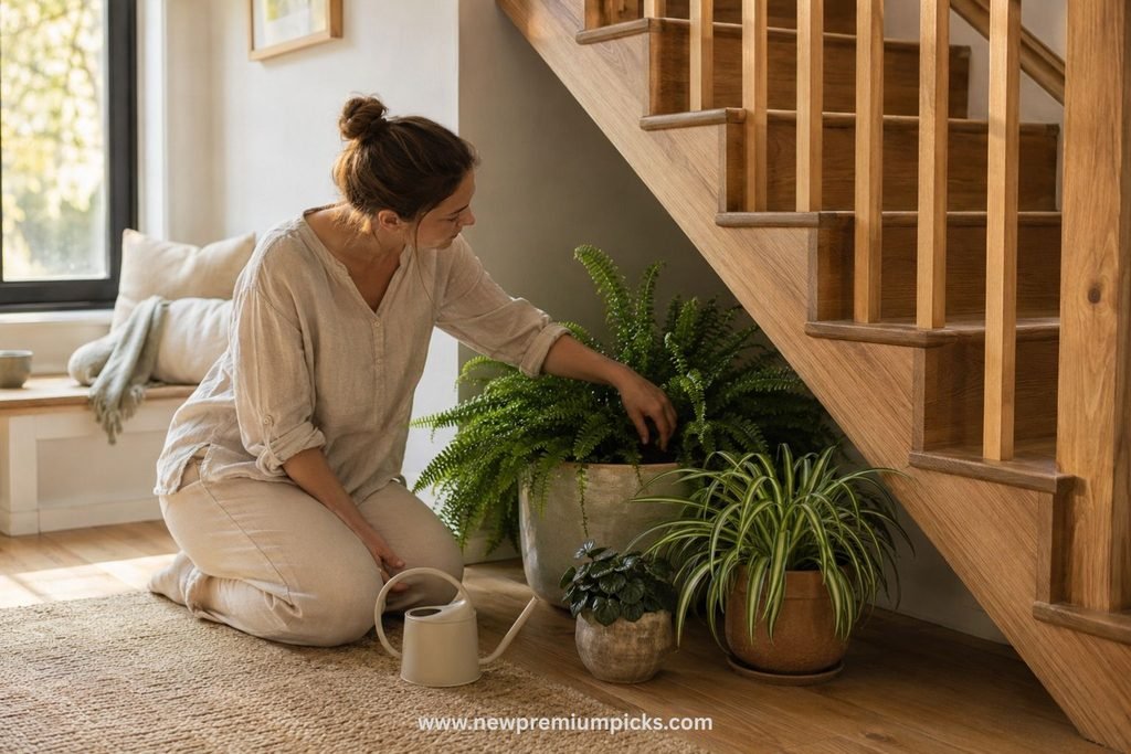 Woman caring for an indoor fern garden under stairs