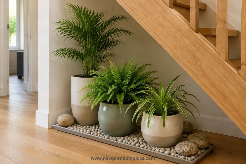 Removable pebble and planter garden under stairs