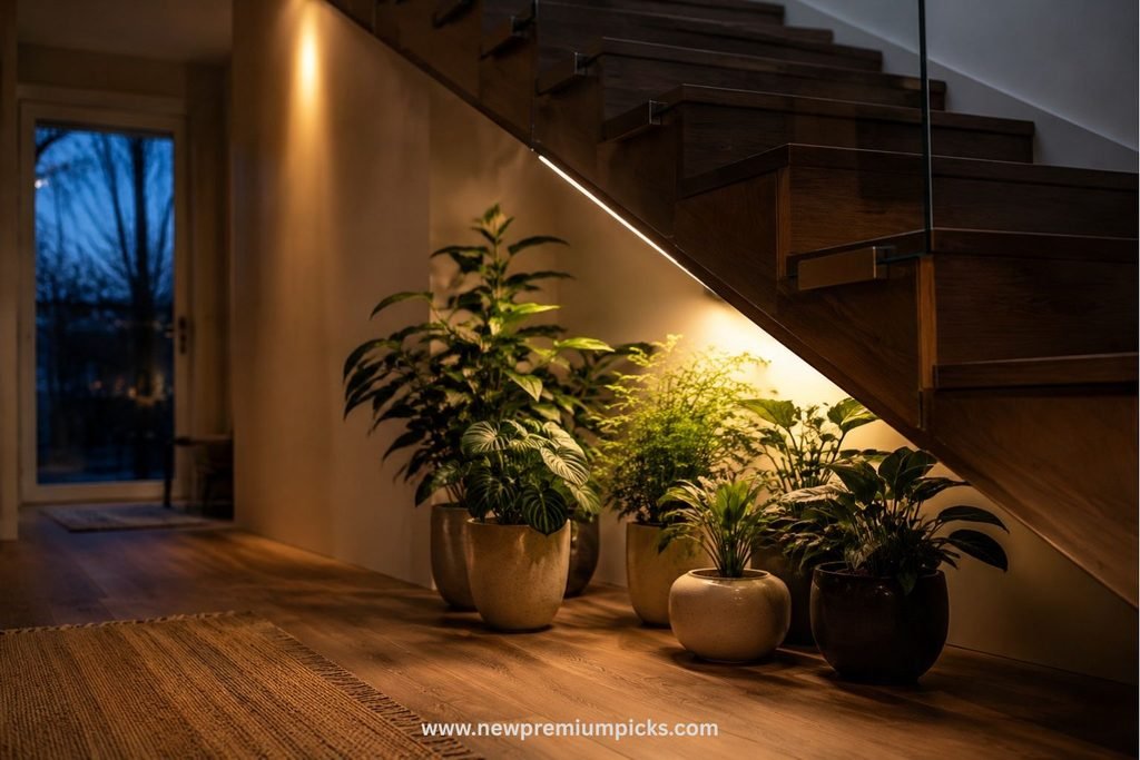 Indoor staircase garden with warm grow lights