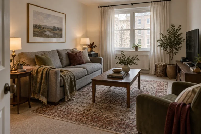 Finished rental living room with a gray sofa, patterned rug, full curtains, dark wood furniture and warm layered lighting.