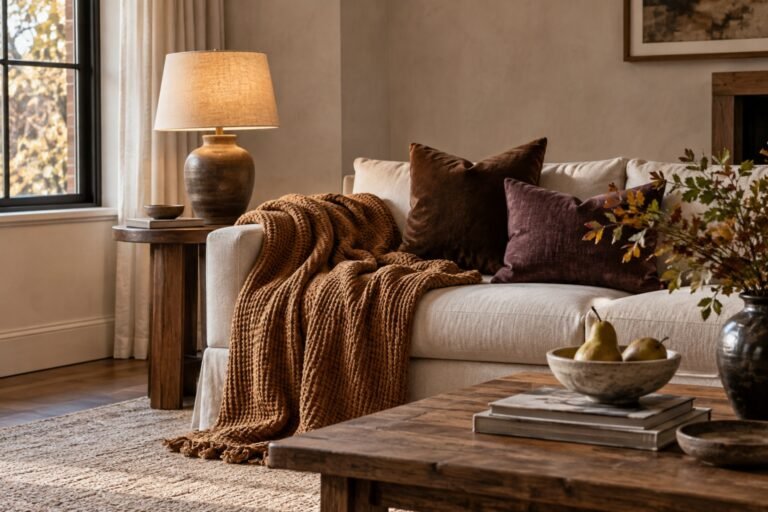 Fall home decor ideas with cozy autumn colors and warm lighting
