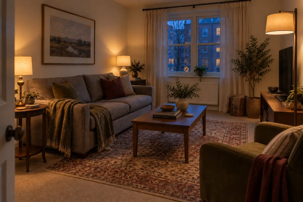 Living room at blue hour lit by three low warm lamps with the ceiling light switched off.
