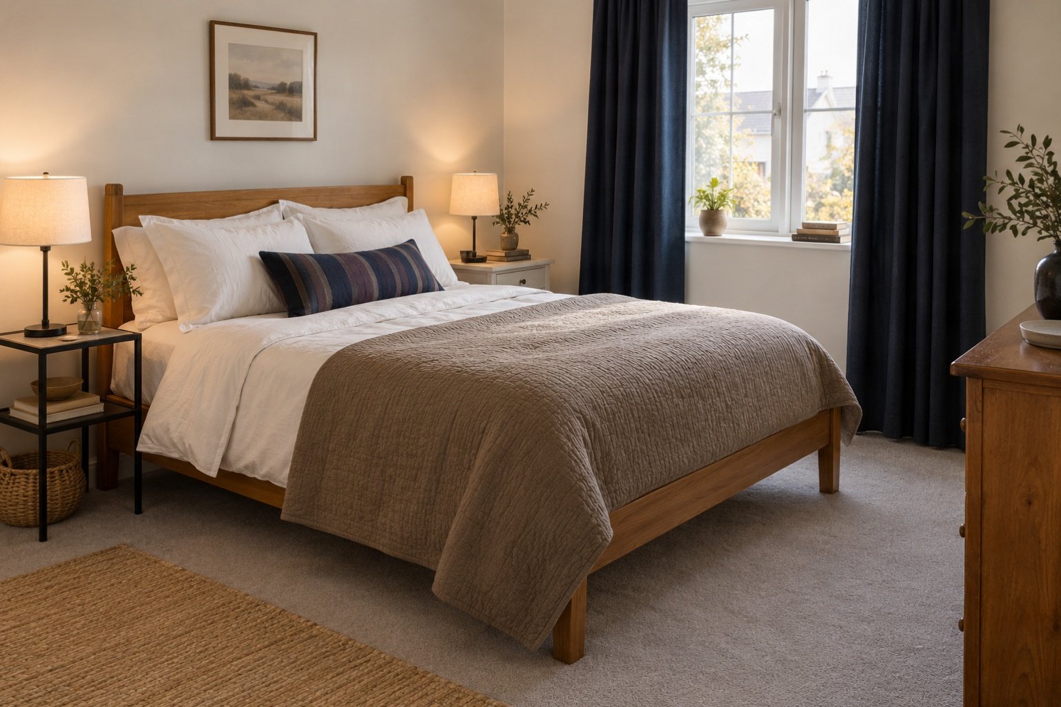 Finished quiet luxury bedroom on a budget with a honey-toned wood bed, mushroom coverlet, navy curtains and mismatched bedside tables.