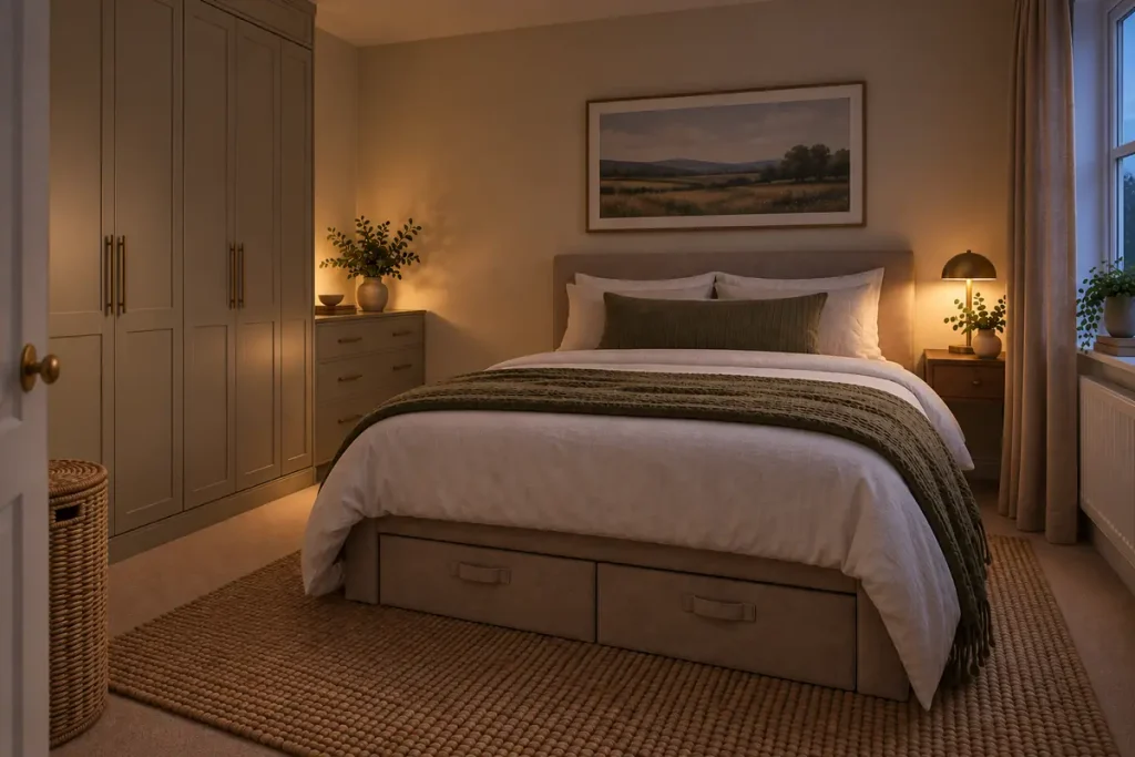 Warm bedside and layered lighting in a small bedroom at night