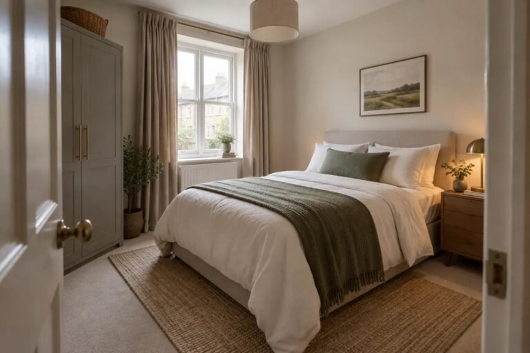 Compact warm neutral bedroom viewed from the doorway with a clear path to the bed and wardrobe