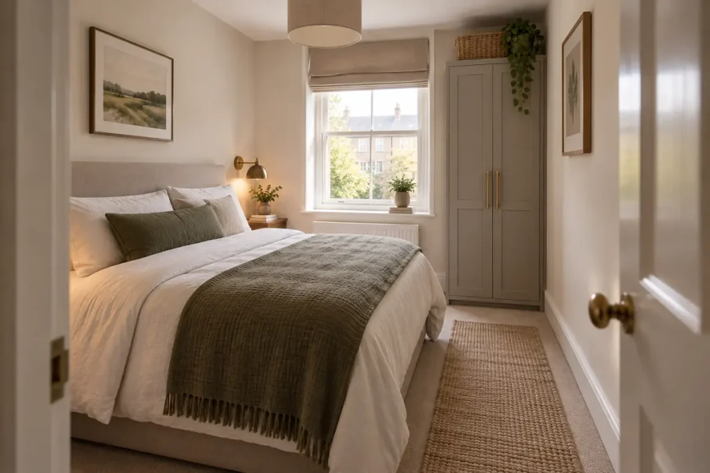 Small bedroom arranged with a clear walking path from door to bed