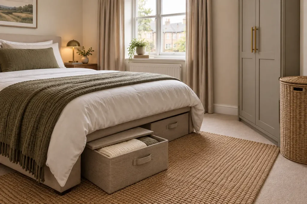 Under-bed storage and a reachable hamper keeping a small bedroom tidy