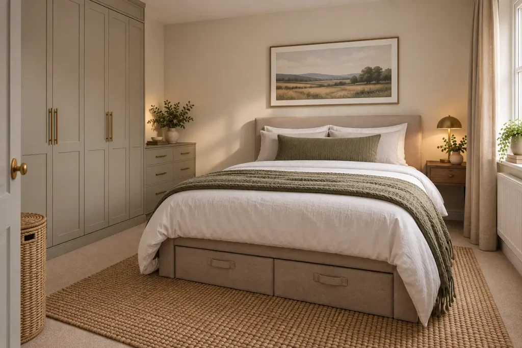One storage wall balanced against a calm empty wall in a small bedroom