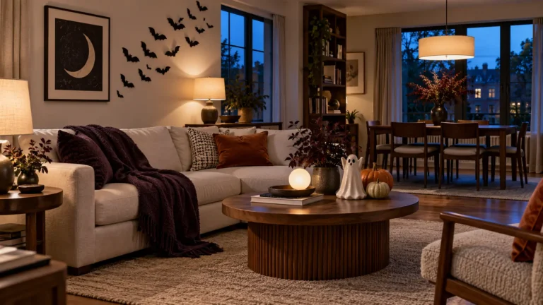 Halloween home decorating ideas with a warm living room, moon wall art, ceramic ghost and pumpkins after dark