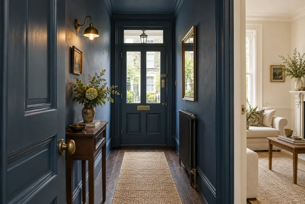 Color drenching in small rooms shown in a blue entryway with matching walls, ceiling, baseboards, and door trim