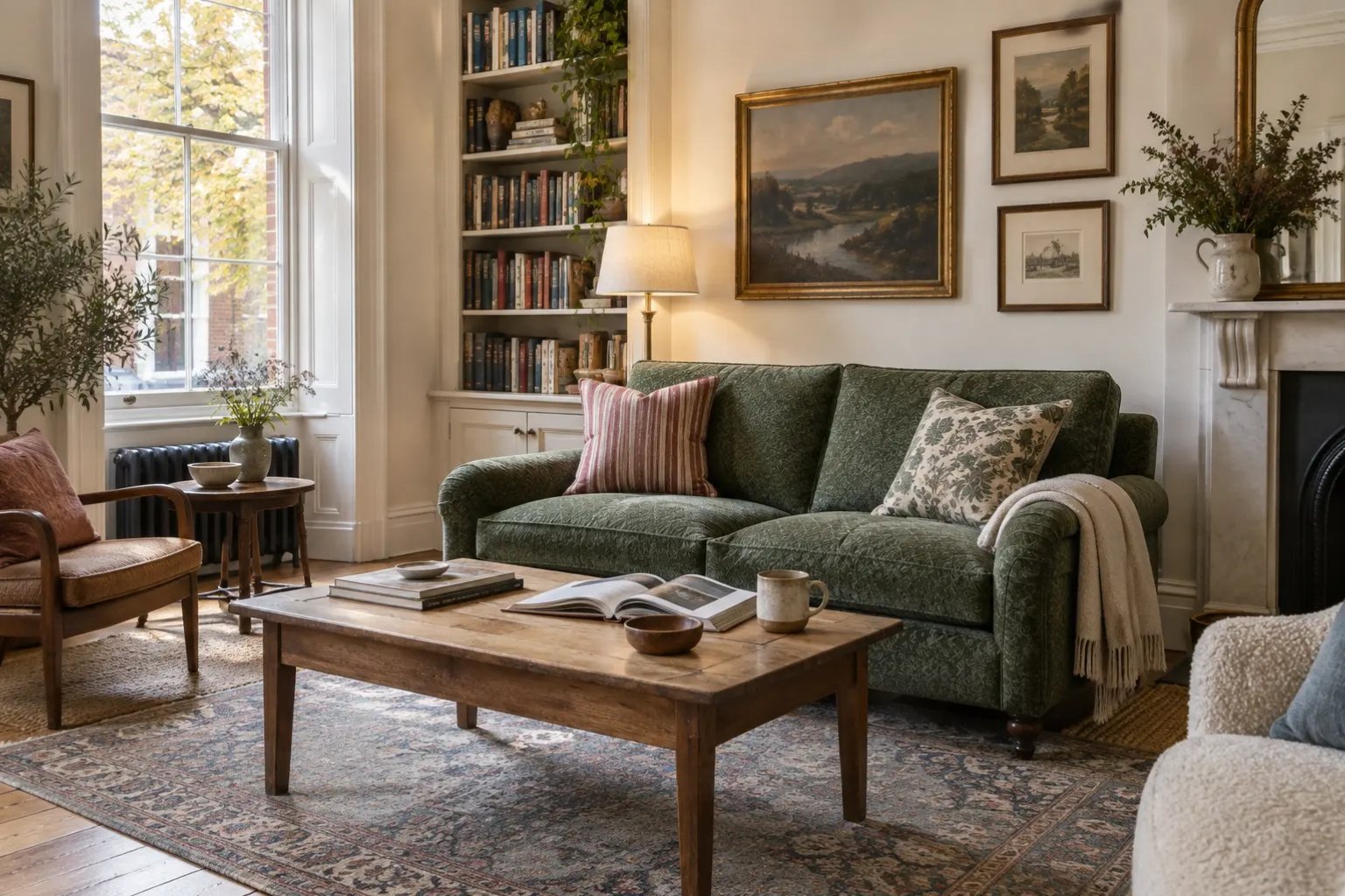 Bright burrowcore living room with a patterned moss-green sofa, vintage rug, collected artwork, books and warm natural wood.