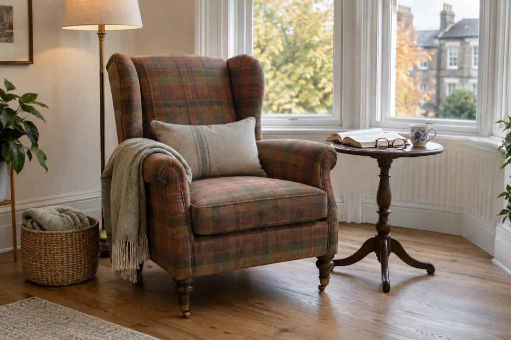 Plaid wingback reading chair beside a small table holding a book, glasses and a mug