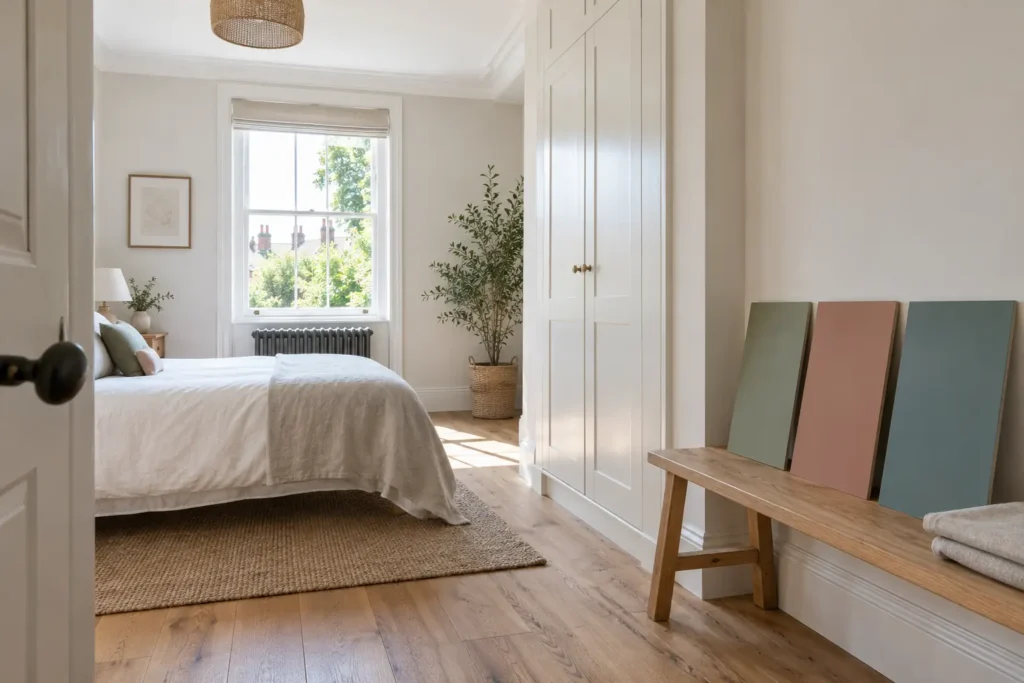 Three sage, clay, and blue-green paint sample boards beside a white built-in closet in a small bedroom