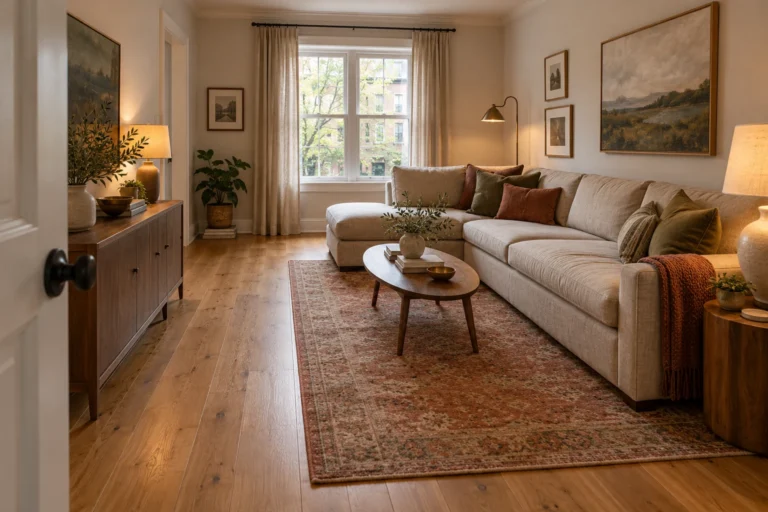 Oatmeal L-shaped sofa in a small living room with an open walkway beside the seating area