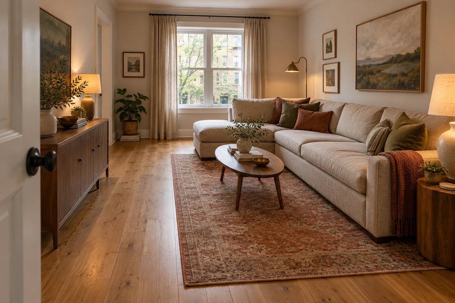 Oatmeal L-shaped sofa in a small living room with an open walkway beside the seating area