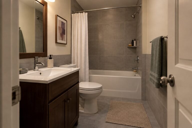Cozy bathroom ideas in a small gray rental bathroom with warm lighting, a walnut vanity and muted jade towels.