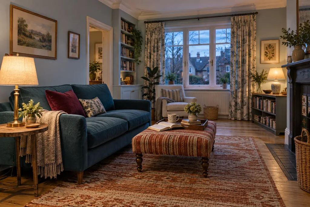 Teal sofa, warm table lamps and botanical curtains creating layered evening light in a lived-in living room