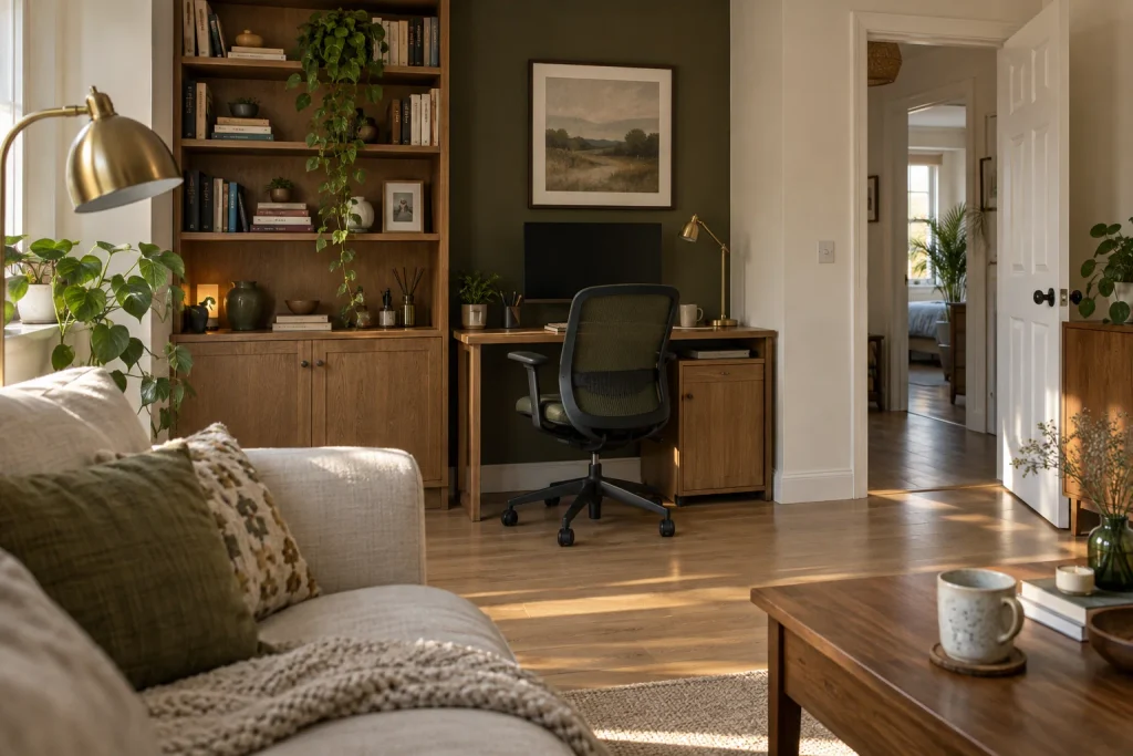 Small living-room home office with an olive-green accent wall, wood bookcase, ergonomic chair and desk, seen past a beige sofa