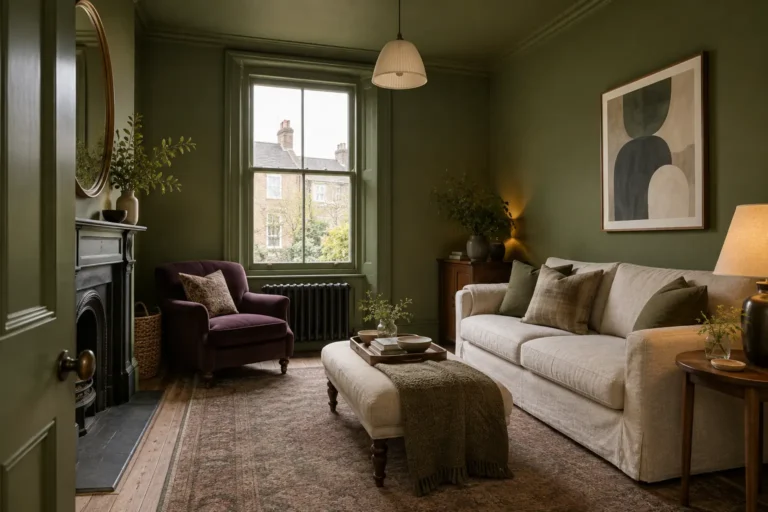Color drenching in small rooms shown in an olive living room with matching walls, ceiling, baseboards, and door trim