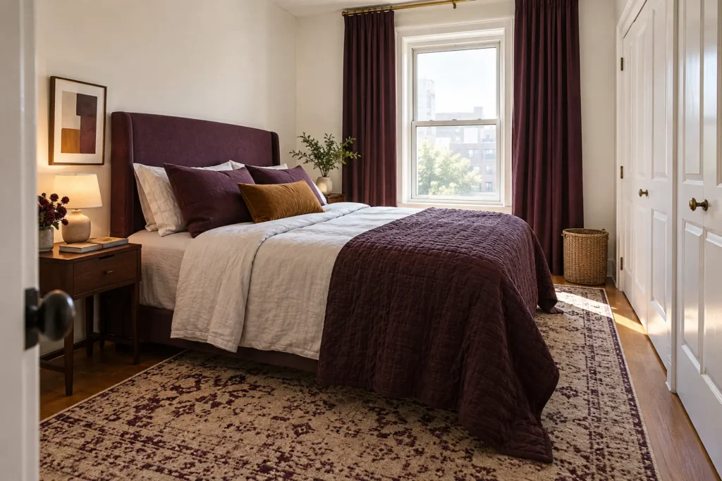 Small bedroom with white walls and a built-in closet, plus a plum headboard, quilt, and curtains