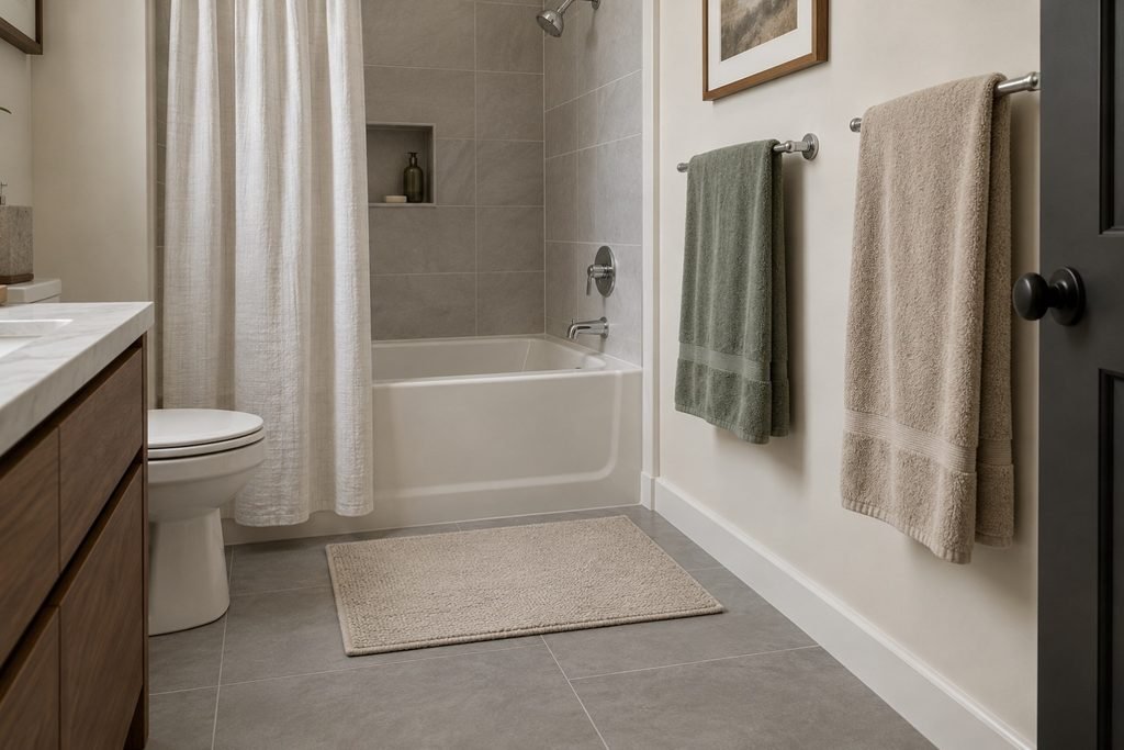 Oatmeal bath mat with separate jade and neutral towels arranged to leave clear drying space.