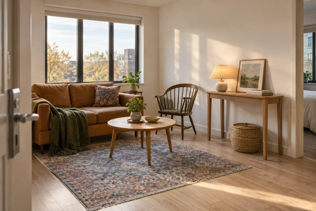 Renter-friendly living room with a caramel sofa, portable lamp, leaning artwork and freestanding furniture