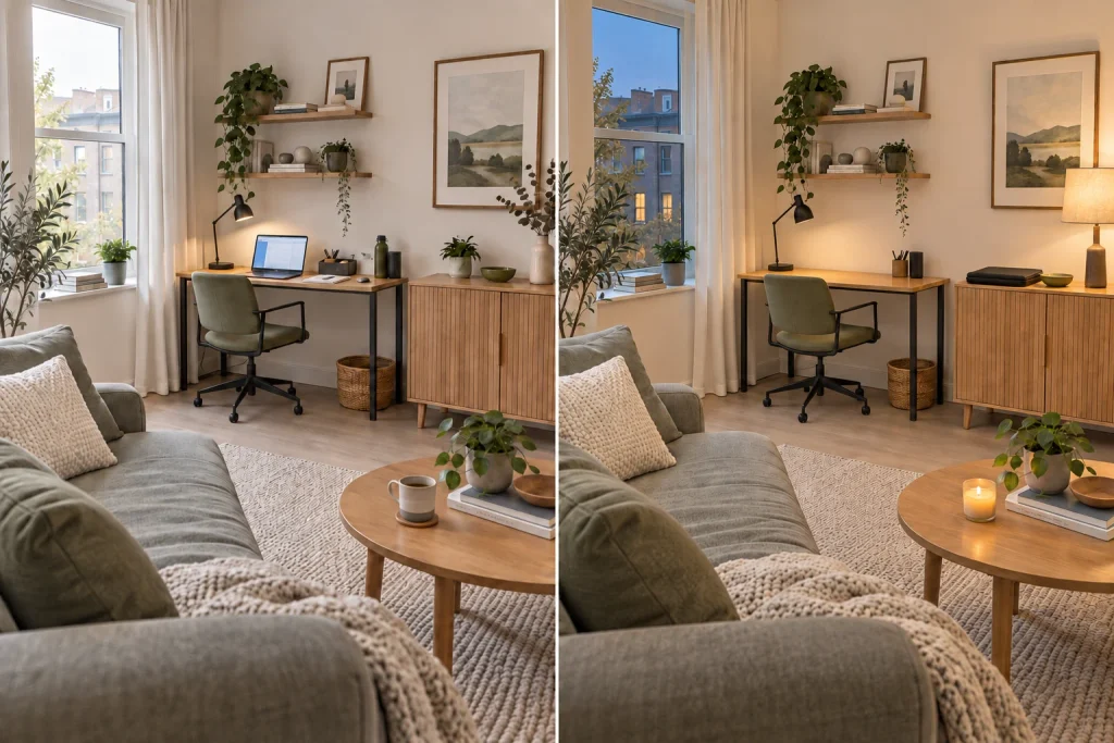 Before-and-after of a shared living-room office: bright daytime work setup on the left, calm lamp-lit evening view on the right