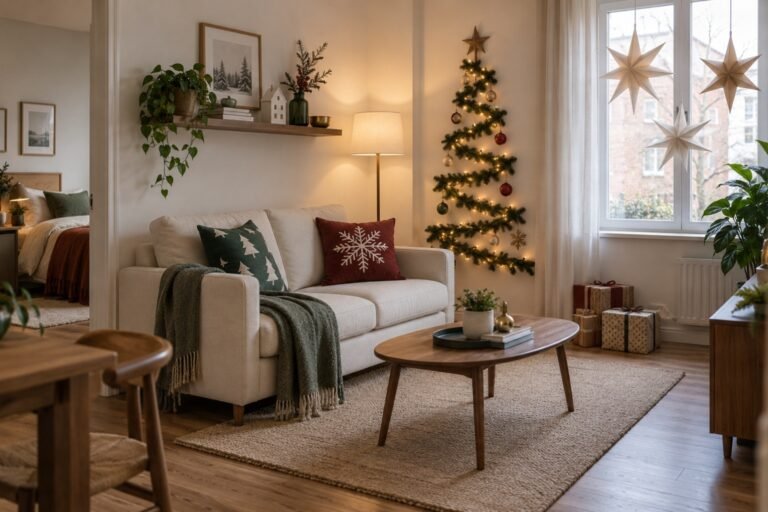 Small apartment Christmas decor with a space-saving tree, warm lights and renter-friendly festive accents
