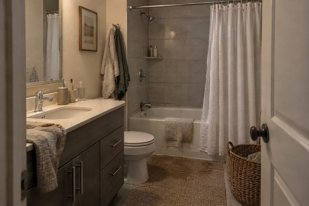 Small gray bathroom after a shower with a misted mirror, crowded towels, damp runner and floor basket.