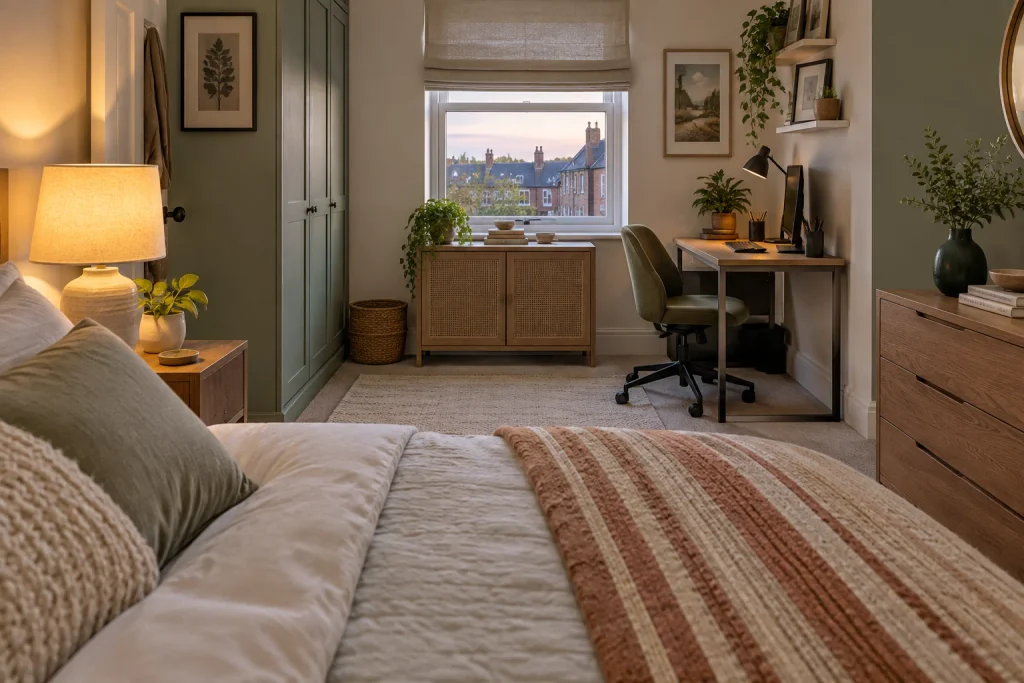Small bedroom home office in a sage-green room, with a compact corner desk and green office chair viewed from the bed