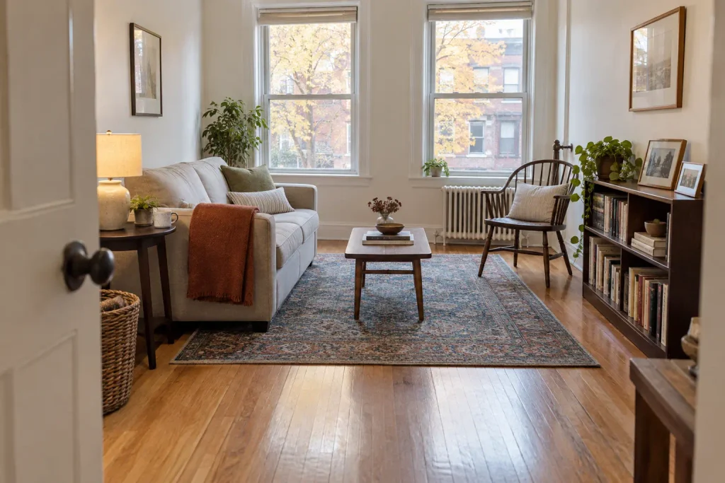 Small living room with an oatmeal sofa, vintage rug, wooden chair and a clear walkway from the doorway