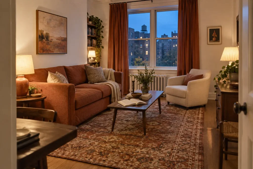 Apartment living room at dusk with white walls, a terracotta sofa and curtains, a rust rug, and warm lamps