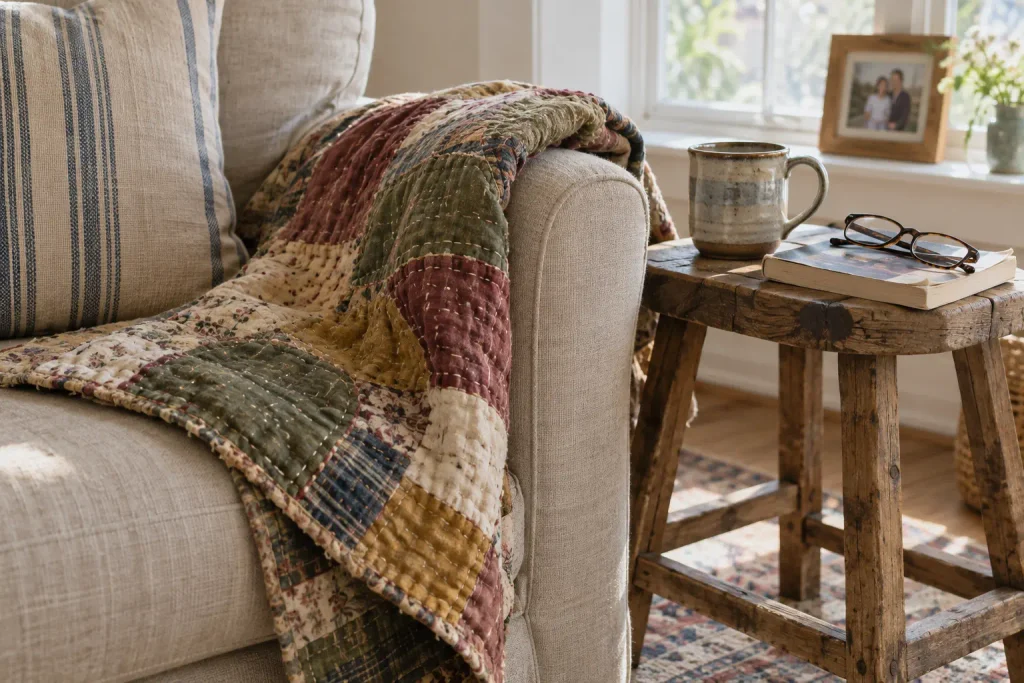 Patchwork quilt draped over a linen sofa beside a worn wooden stool with a mug, book and glasses