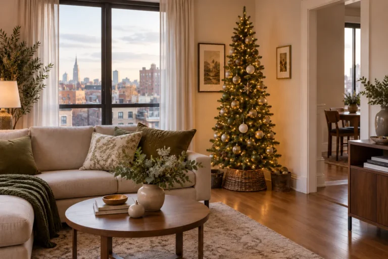 Slim Christmas tree in a small apartment living room with a clear walking route