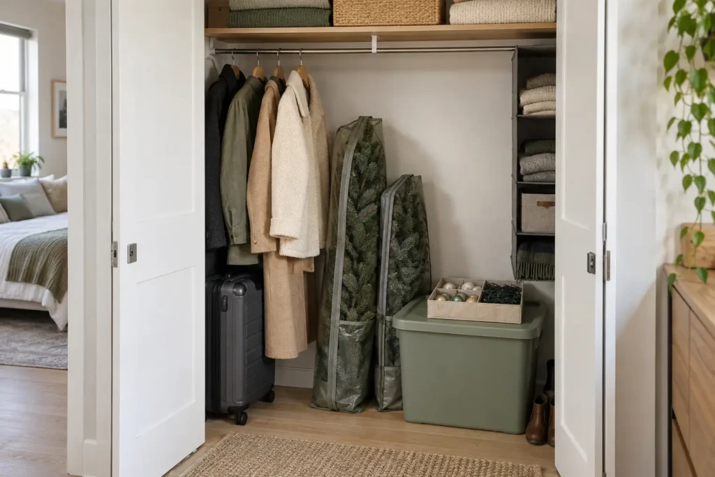 Slim Christmas tree sections and ornaments stored in a compact apartment closet