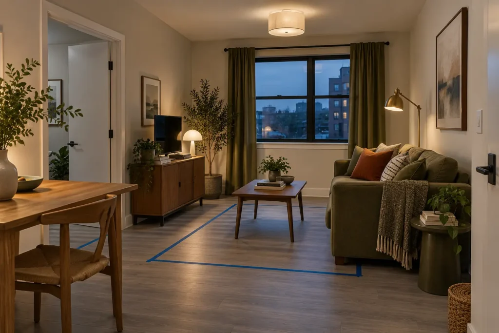 Apartment living room using layered lighting and colors that complement existing finishes