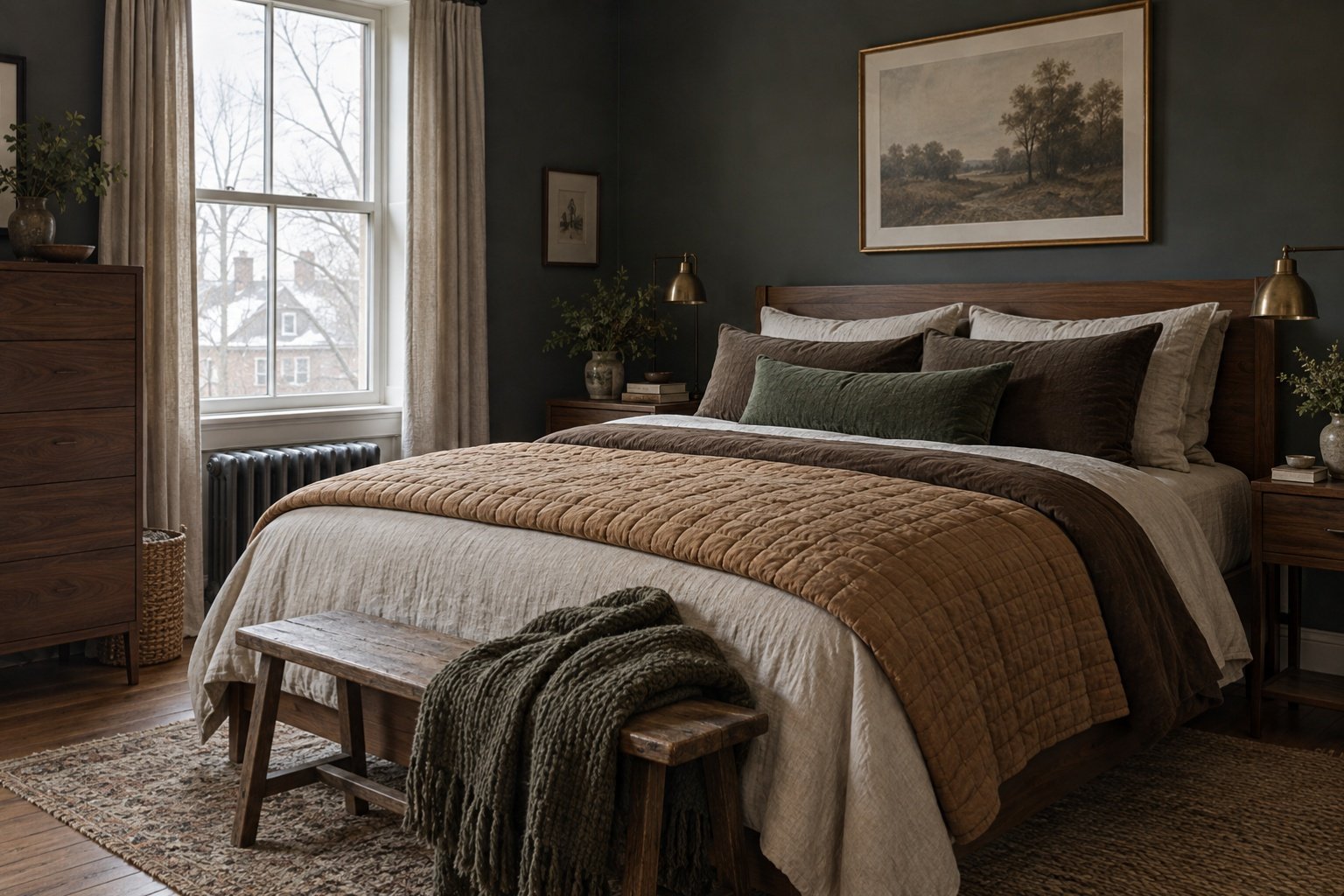 Moody bedroom with a charcoal wall, walnut bed, oatmeal linen, caramel quilt, plum cushion and plaid throw.
