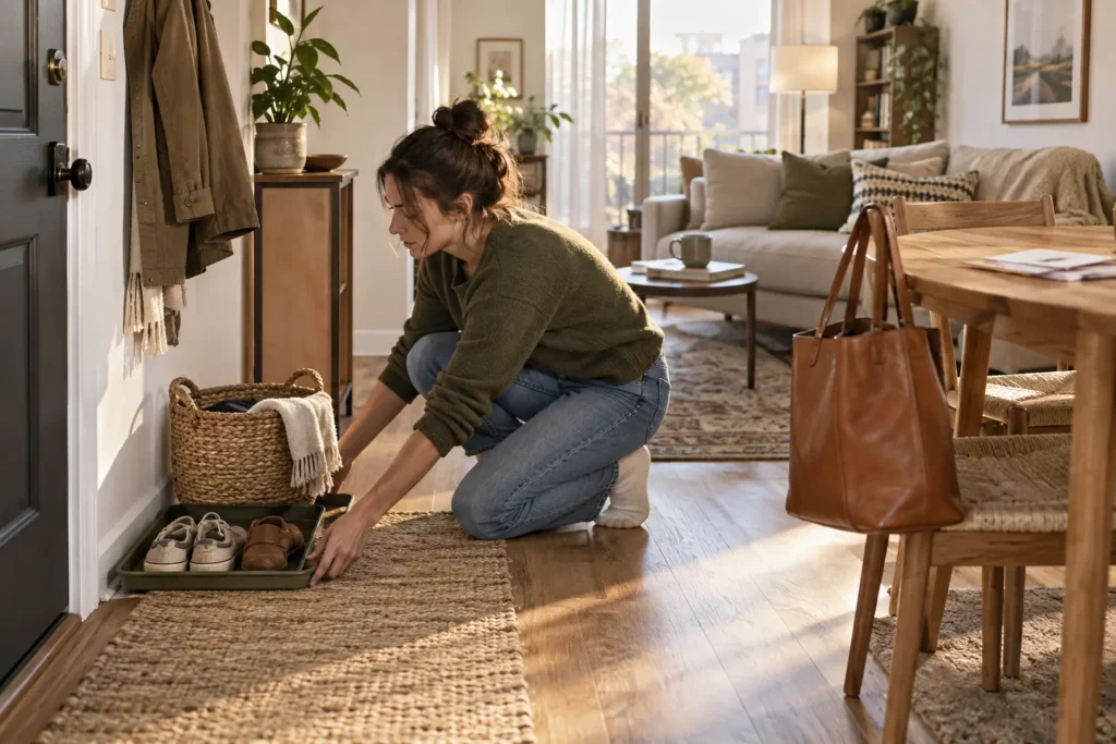 Renter organizing shoes and daily belongings in a compact apartment entryway
