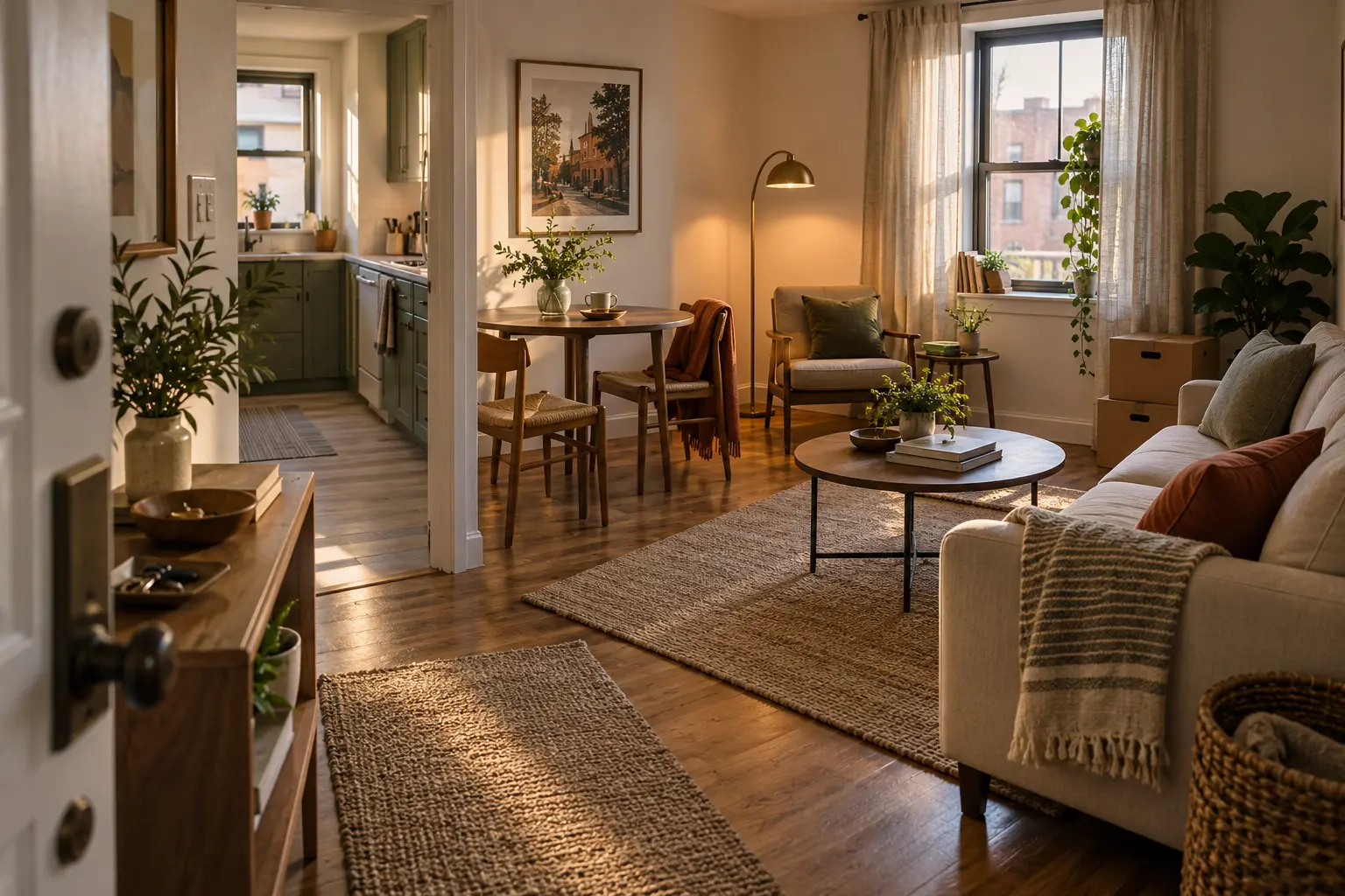 First apartment living room arranged with practical decor and a clear walking route