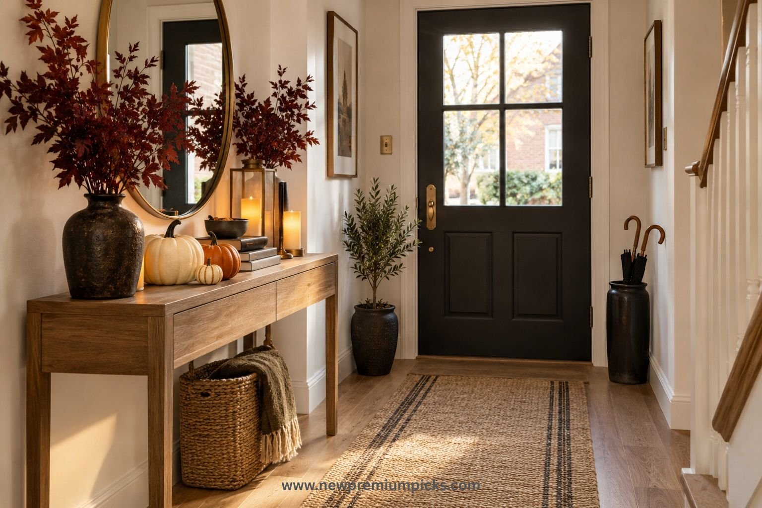Halloween entryway decor ideas with a slim wooden console, pumpkins and flameless candles in a small home