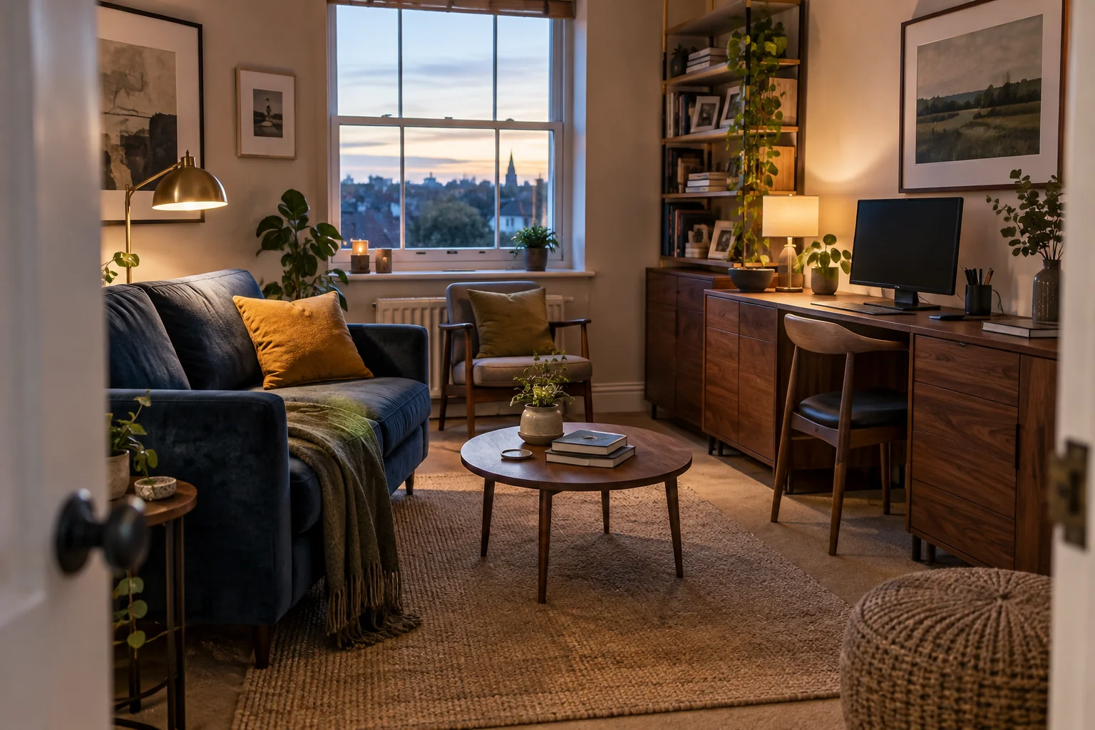 Compact living room at dusk with a blue sofa, warm lighting, and a tidy home office desk beside a bookcase.
