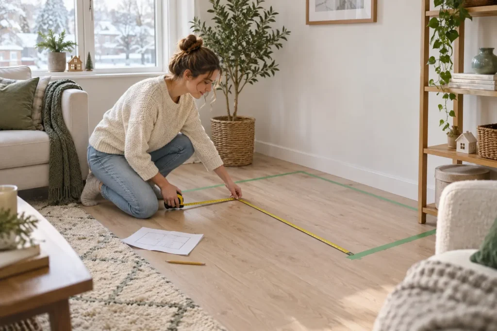 Woman measuring a taped floor area before choosing a Christmas tree for a small apartment
