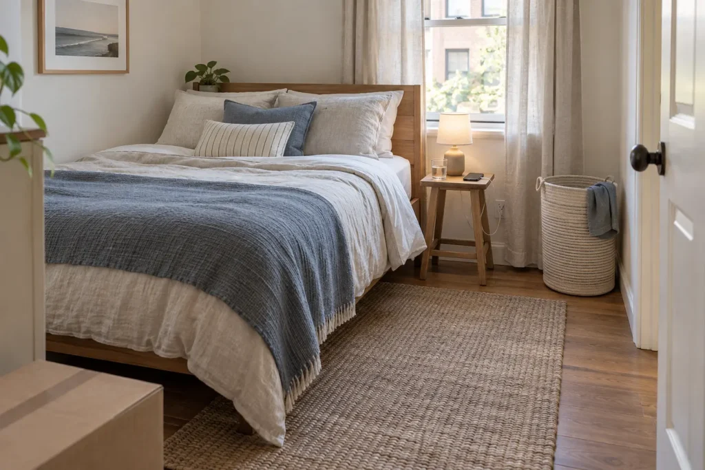 First apartment bedroom with essential bedding, bedside lighting and clear floor space