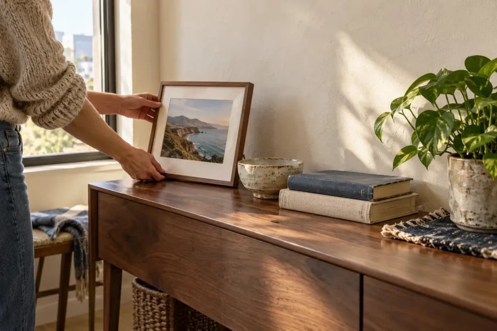 Apartment shelf styled with framed art, books, ceramics and a plant