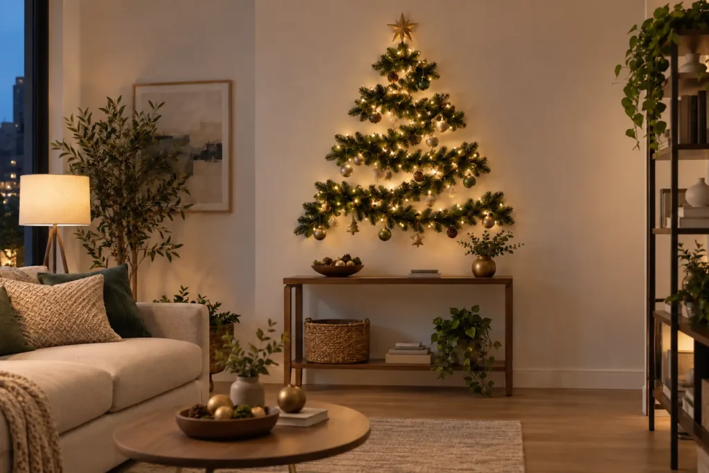 Renter-friendly wall Christmas tree on a clear apartment wall away from doorways
