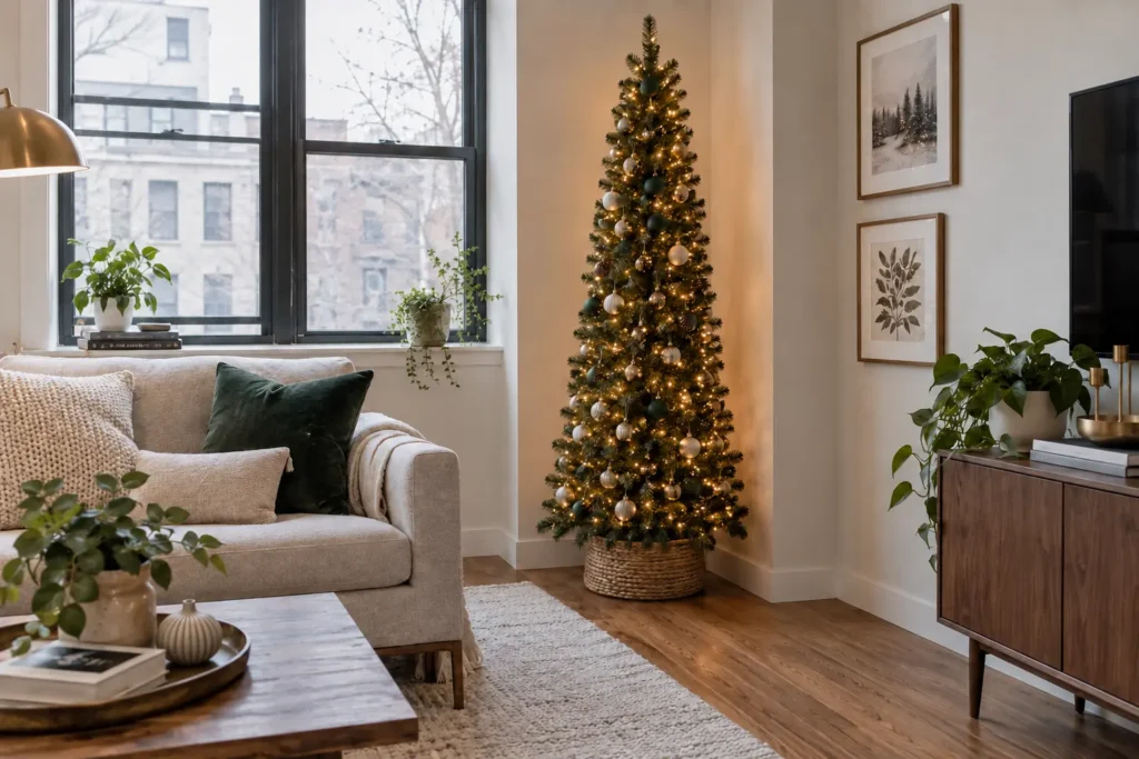 Christmas tree ideas for small apartments with a slim tree beside a clear walking route