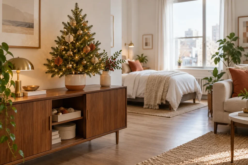 Tabletop Christmas tree on a sideboard in a bright studio apartment