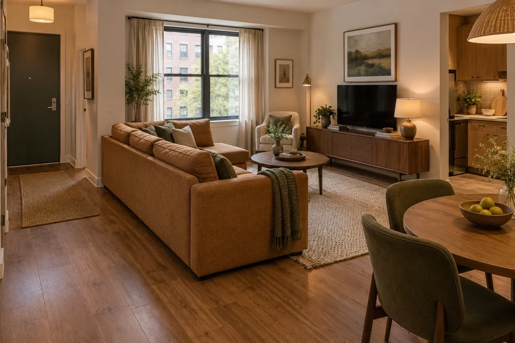 Caramel L-shaped sofa with its back towards a dining area, facing a television across a rug.