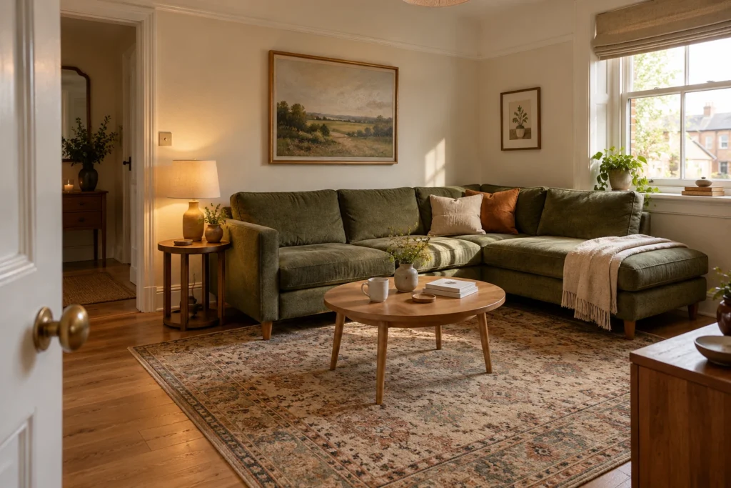 Moss-green L-shaped sofa against a wall, with its chaise beside a window and the doorway on the opposite side.